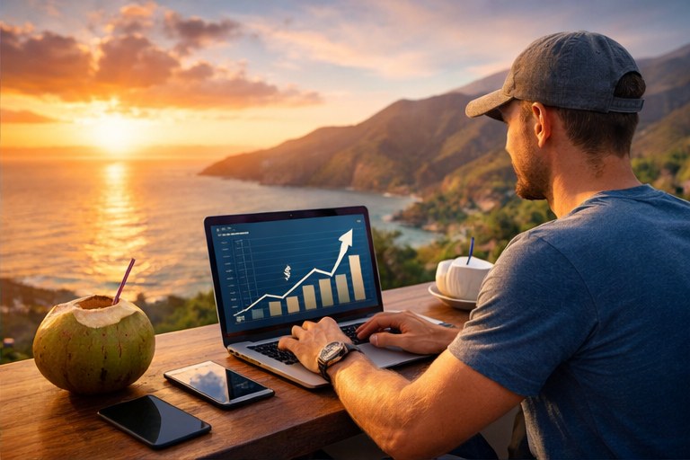 Affiliate marketing beginner learning online on laptop with travel vibe